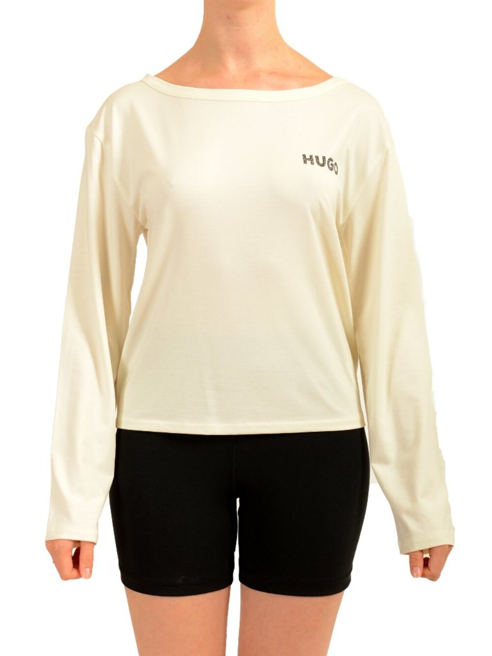 Hugo Boss Women's "Casual LS-Shirt" Ivory Logo Crewneck T-Shirt US S IT 40